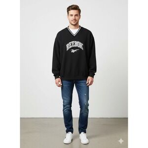 Reebok‎ Vtg Mens Black Waffle Knit V Neck Athletic Windbreaker Pullover